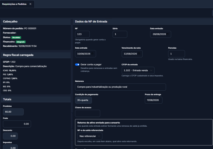 Entrada de nota fiscal de compra no ImperiumERP