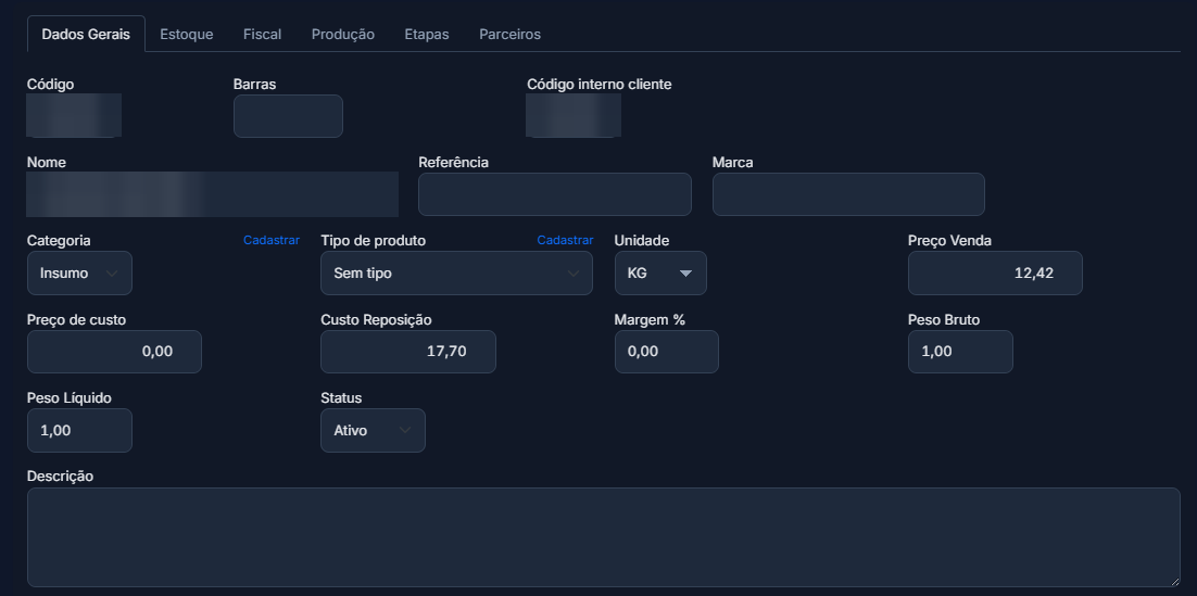 Cadastro de produto com informações de estoque no ImperiumERP